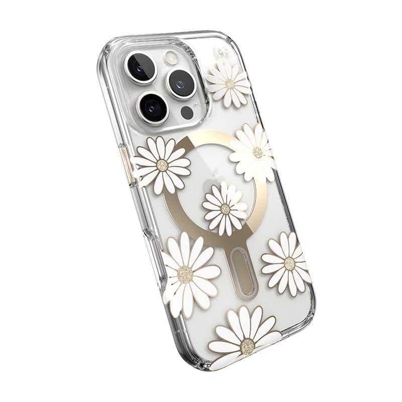 Speck Presidio Lux ClickLock & MagSafe - Custodia per iPhone 16 Pro (Sunshine Daisies / Trasparente / Oro) - 8