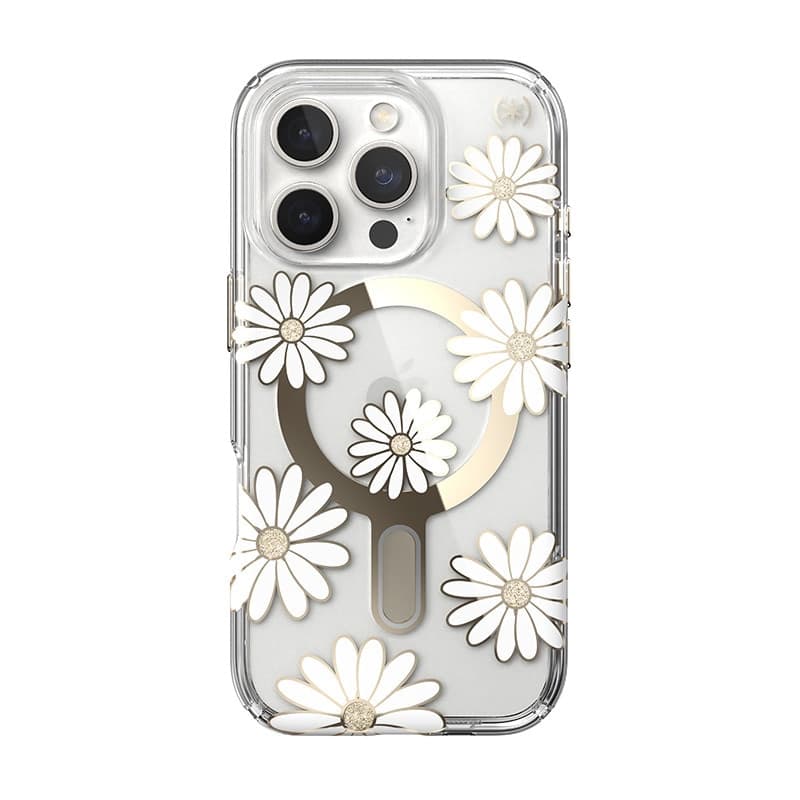 Speck Presidio Lux ClickLock & MagSafe - Custodia per iPhone 16 Pro (Sunshine Daisies / Trasparente / Oro) - 9