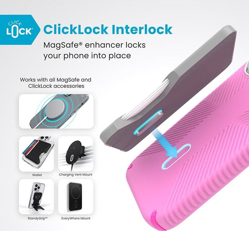 Speck Presidio2 Grip ClickLock e MagSafe - Custodia per iPhone 16 Pro (Rosa puro / Rosa shocking / Bianco) - 12