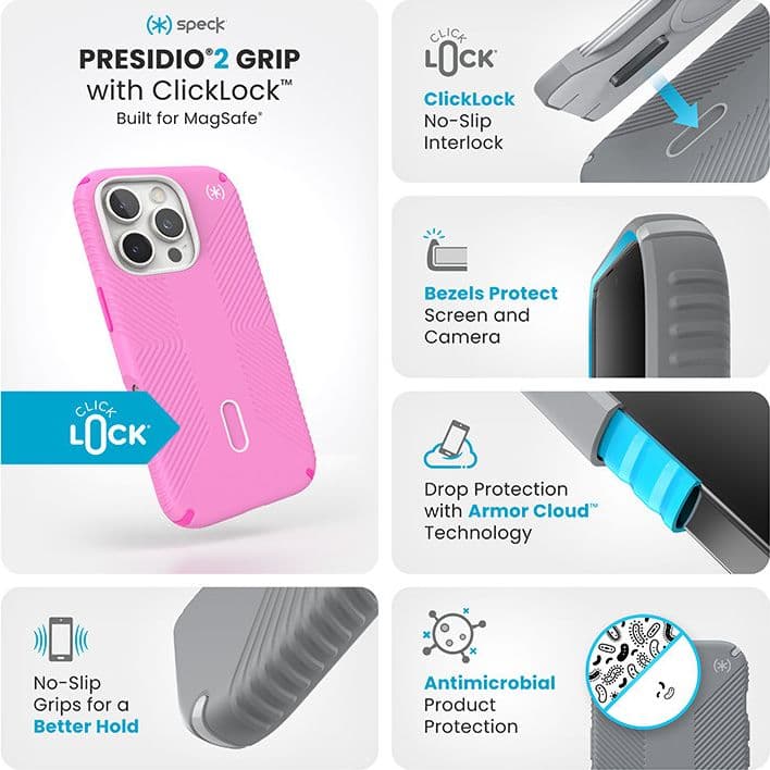 Speck Presidio2 Grip ClickLock e MagSafe - Custodia per iPhone 16 Pro (Rosa puro / Rosa shocking / Bianco) - 3
