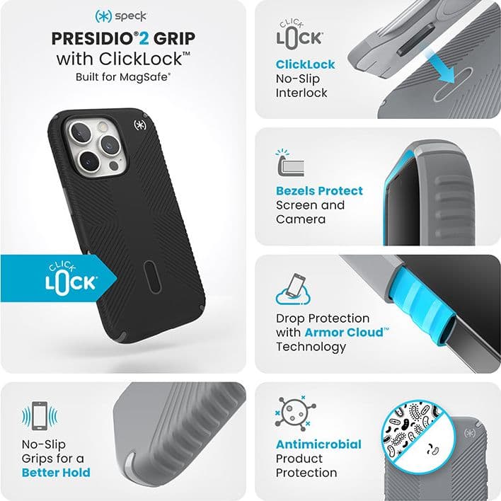 Speck Presidio2 Grip ClickLock e MagSafe - Custodia per iPhone 16 Pro (Nero / Grigio Ardesia / Bianco) - 3