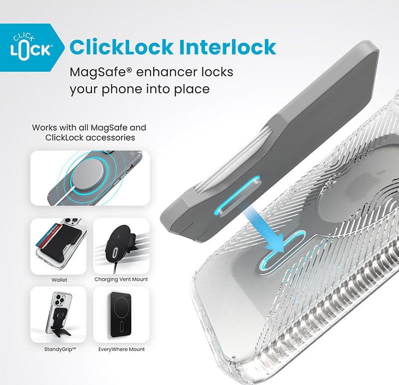 Speck Presidio Perfect-Clear Grip ClickLock e MagSafe - Custodia per iPhone 16 Pro Max (Trasparente / Finitura cromata / Argento - 2