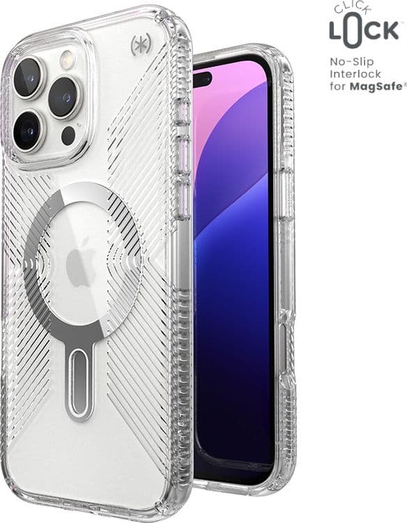 Speck Presidio Perfect-Clear Grip ClickLock e MagSafe - Custodia per iPhone 16 Pro Max (Trasparente / Finitura cromata / Argento - 11