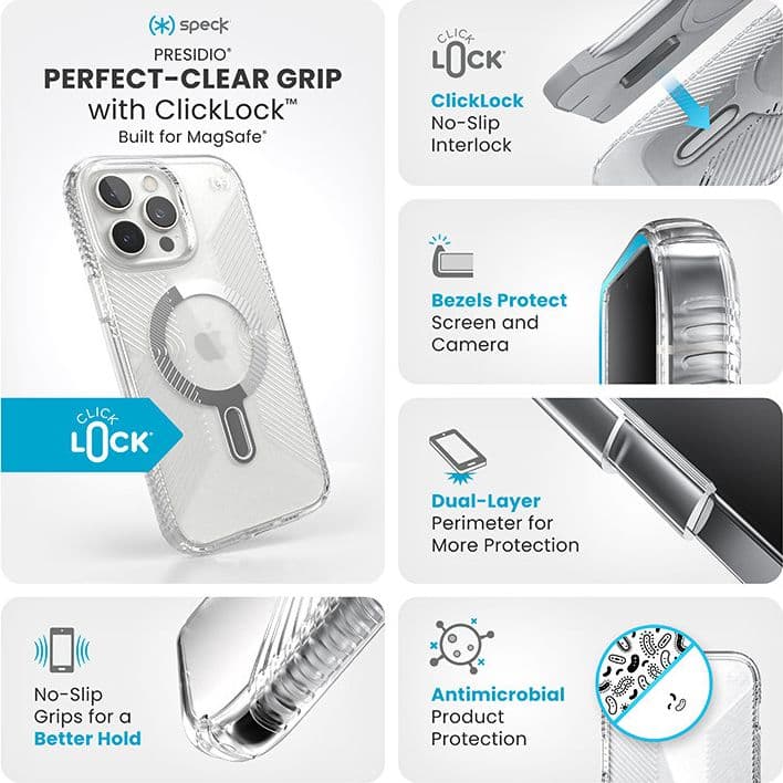 Speck Presidio Perfect-Clear Grip ClickLock e MagSafe - Custodia per iPhone 16 Pro Max (Trasparente / Finitura cromata / Argento - 3