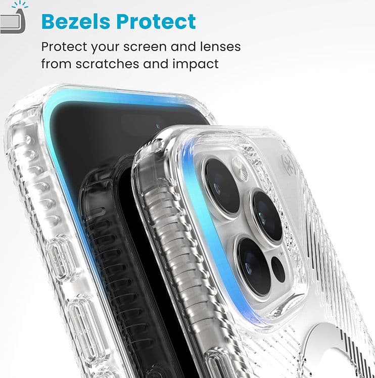 Speck Presidio Perfect-Clear Grip ClickLock e MagSafe - Custodia per iPhone 16 Pro Max (Trasparente / Finitura cromata / Argento - 6