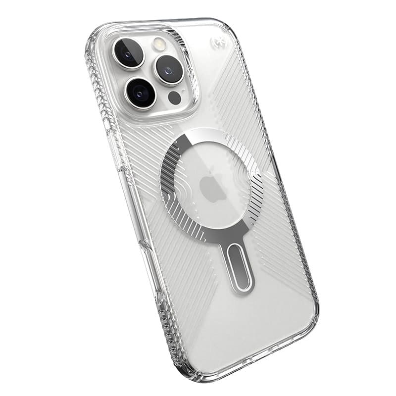 Speck Presidio Perfect-Clear Grip ClickLock e MagSafe - Custodia per iPhone 16 Pro Max (Trasparente / Finitura cromata / Argento - 8