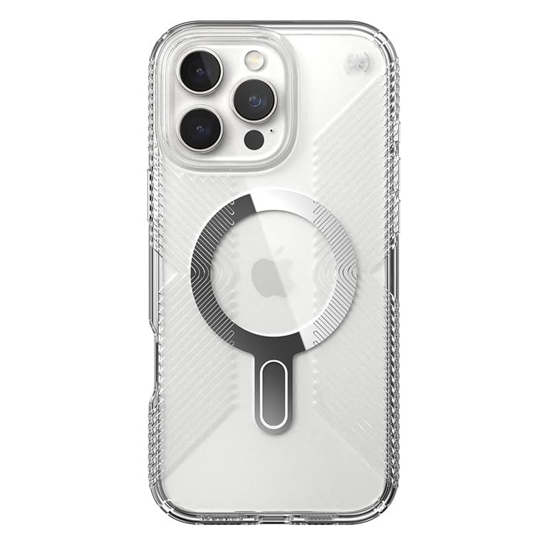 Speck Presidio Perfect-Clear Grip ClickLock e MagSafe - Custodia per iPhone 16 Pro Max (Trasparente / Finitura cromata / Argento - 9