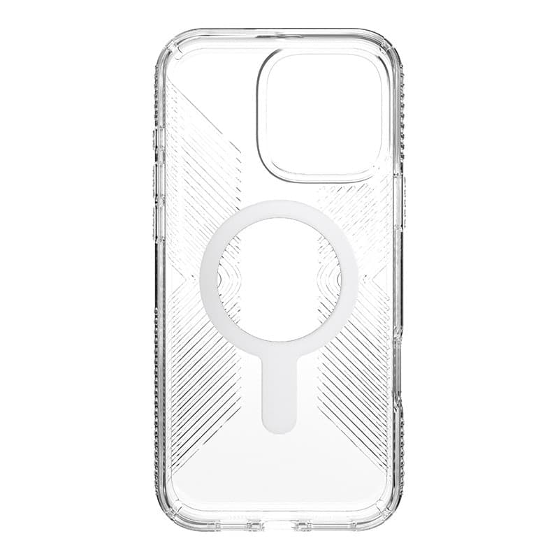 Speck Presidio Perfect-Clear Grip ClickLock e MagSafe - Custodia per iPhone 16 Pro Max (Trasparente / Finitura cromata / Argento - 10