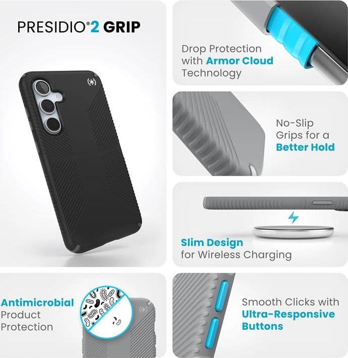 Speck Presidio2 Grip - Custodia per Samsung Galaxy S24 FE (Nero/Grigio Ardesia/Bianco) - 7