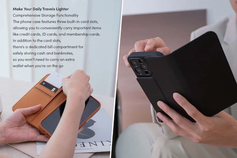 Moshi Overture MagSafe - 3-in-1 Leather Flip Case for iPhone 16 Pro (Caramel Brown) - 6