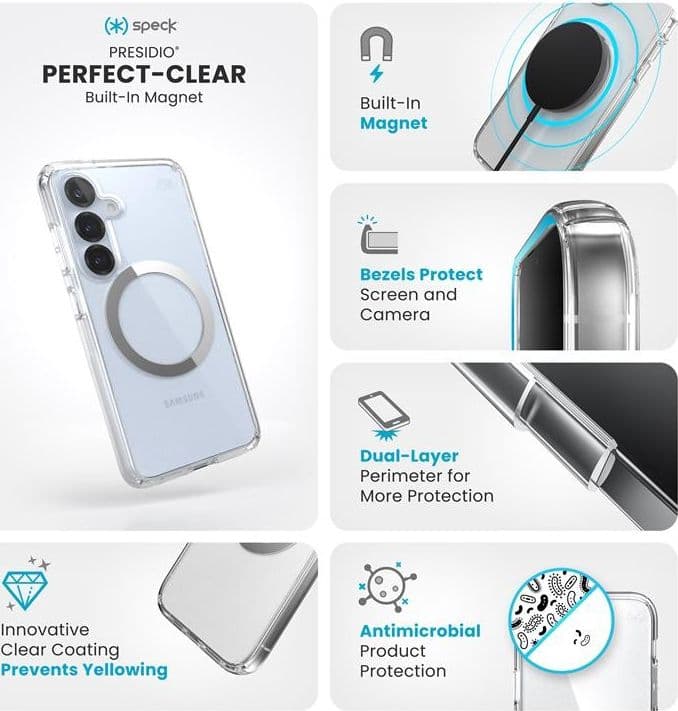 Speck Presidio Perfect-Clear Magnet - Case for Samsung Galaxy S25 / S24 MagSafe (Clear / Chrome Finish / Serene Silver) - 17