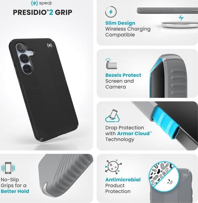 Speck Presidio2 Grip - Custodia per Samsung Galaxy S25+ / 24+ (Nero/Grigio ardesia/Bianco) - 17