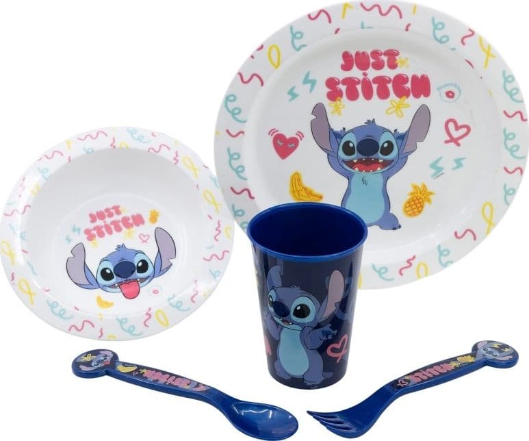 Disney Stitch - Set di stoviglie per microonde da 5 pezzi della collezione Palms (piatto, ciotola, tazza, forchetta, cucchiaio) - 4
