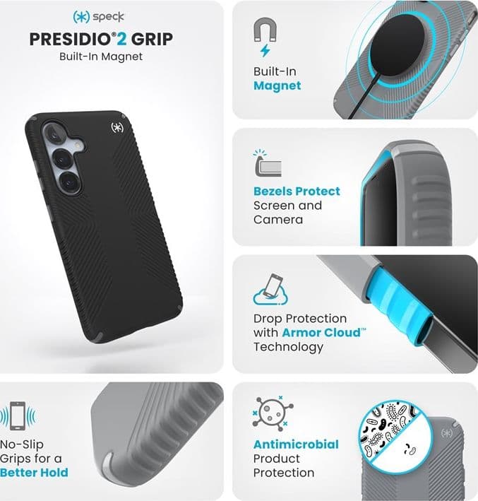 Speck Presidio2 Grip Magnet - Custodia MagSafe per Samsung Galaxy S25/24 (Nero/Grigio Ardesia/Bianco) - 7
