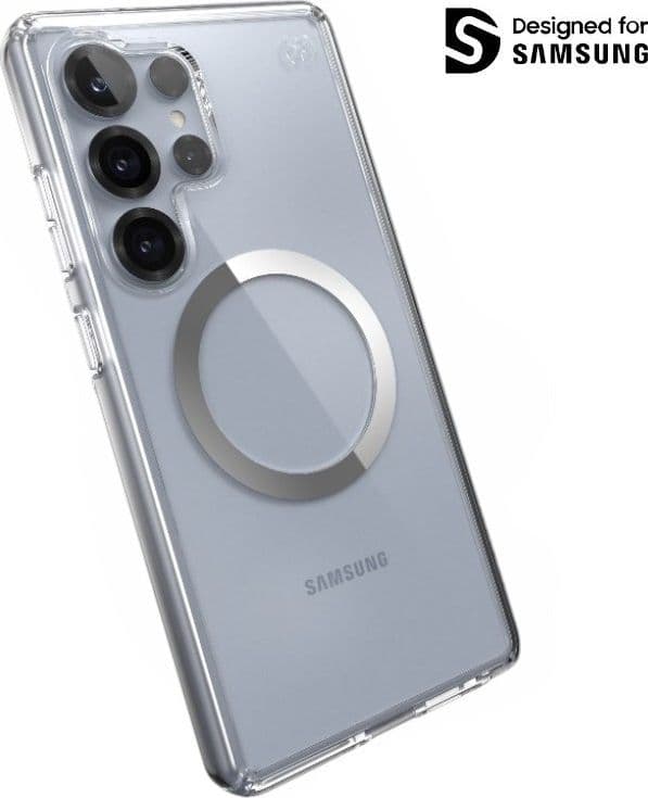 Speck Presidio Perfect-Clear Magnet - Custodia MagSafe per Samsung Galaxy S25 Ultra (Trasparente / Finitura Cromata / Argento Se