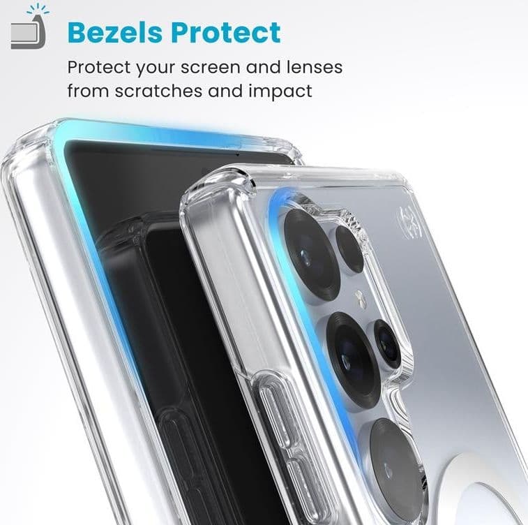 Speck Presidio Perfect-Clear Magnet - Custodia MagSafe per Samsung Galaxy S25 Ultra (Trasparente / Finitura Cromata / Argento Se - 15