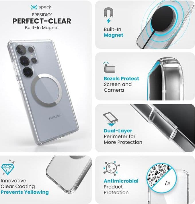 Speck Presidio Perfect-Clear Magnet - Custodia MagSafe per Samsung Galaxy S25 Ultra (Trasparente / Finitura Cromata / Argento Se - 7