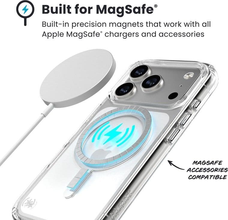 Speck Presidio Perfect Clear MagSafe - Custodia per iPhone 17 Pro (trasparente/argento) - 13