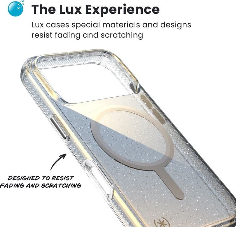 Speck Presidio Lux MagSafe - Custodia per iPhone 17 Pro (Glitter Hyper Mirror / Argento metallizzato) - 13