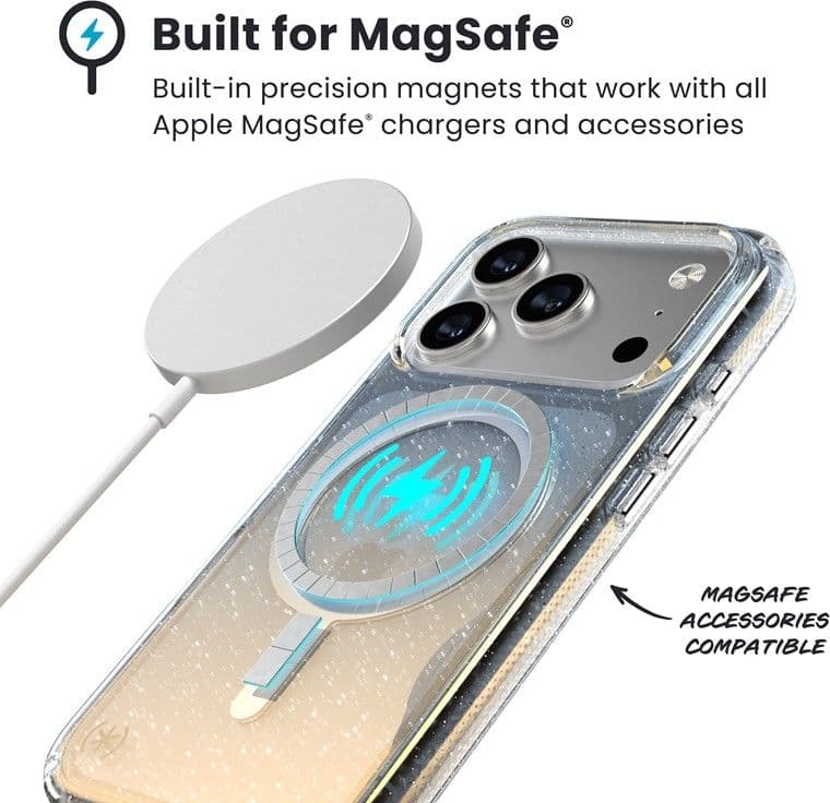 Speck Presidio Lux MagSafe - Custodia per iPhone 17 Pro (Glitter Hyper Mirror / Argento metallizzato) - 15