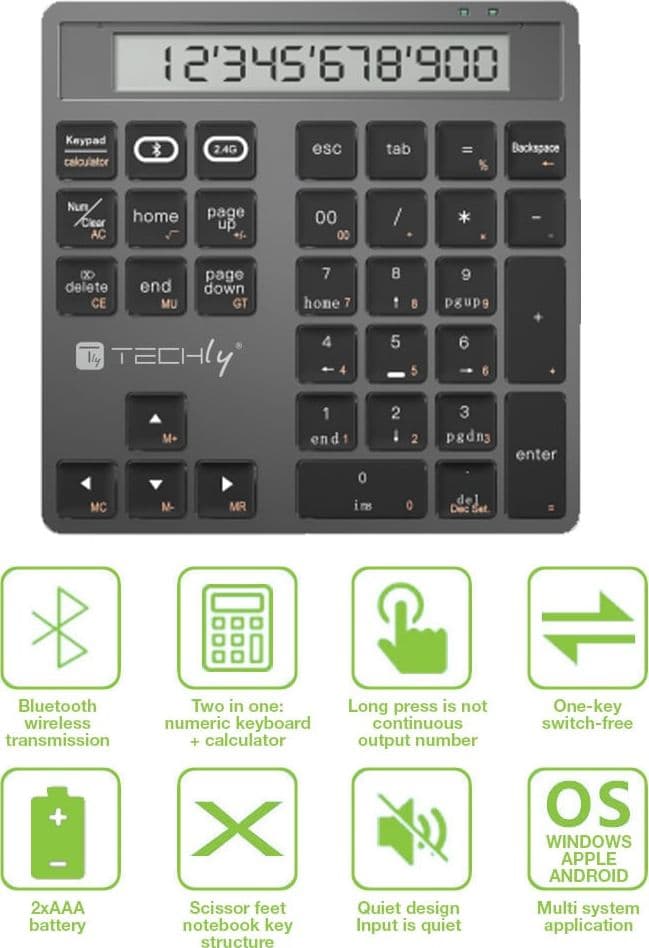 Tastierino Numerico BT V5.0 Wireless 2in1 con Calcolatrice Grigio Scuro - 5