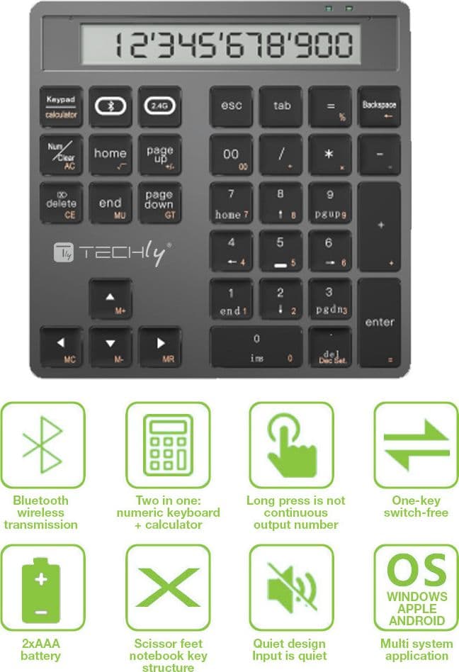 Tastierino Numerico BT V5.0 Wireless 2in1 con Calcolatrice Grigio Scuro - 8