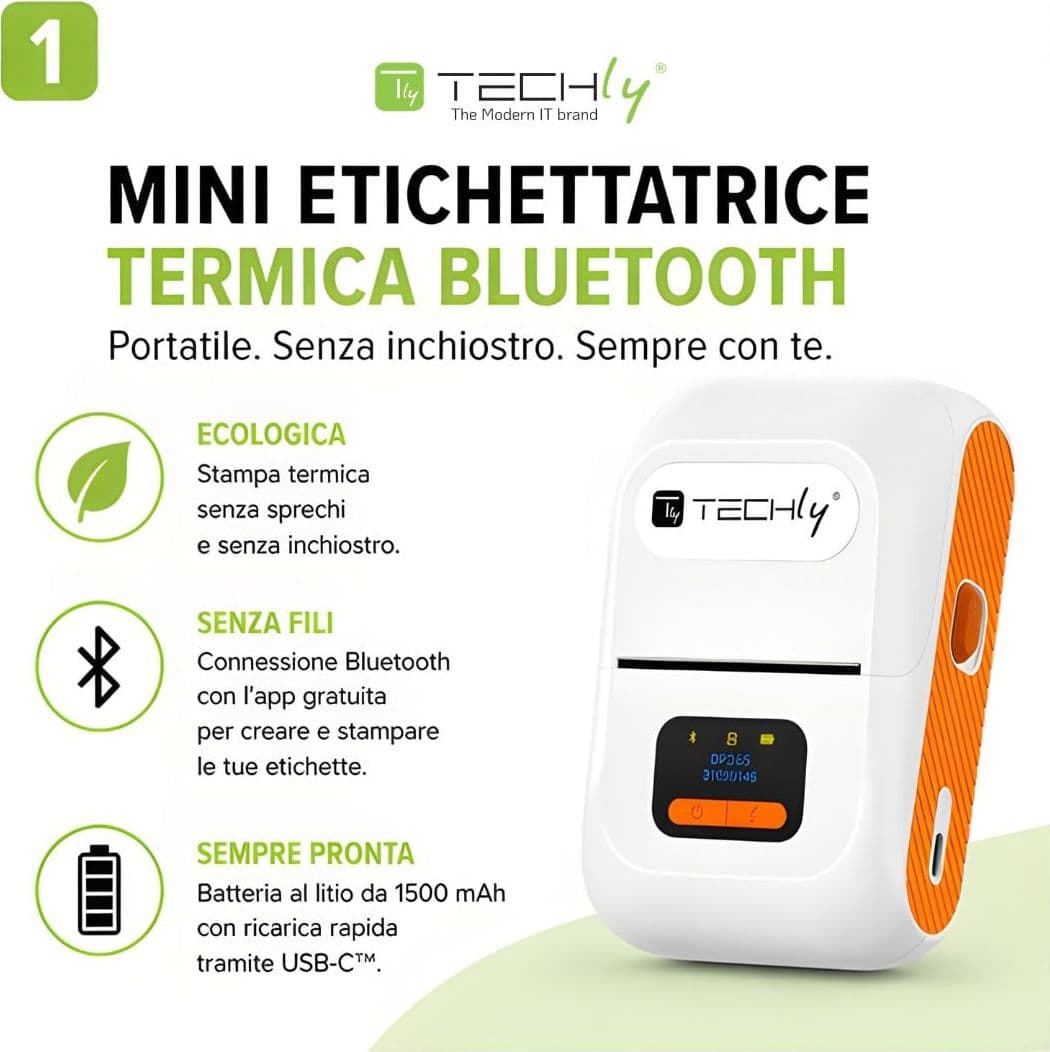 Mini Etichettatrice Stampante Termica Bluetooth C/Display Portatile Ricarica USB-C&trade - 16