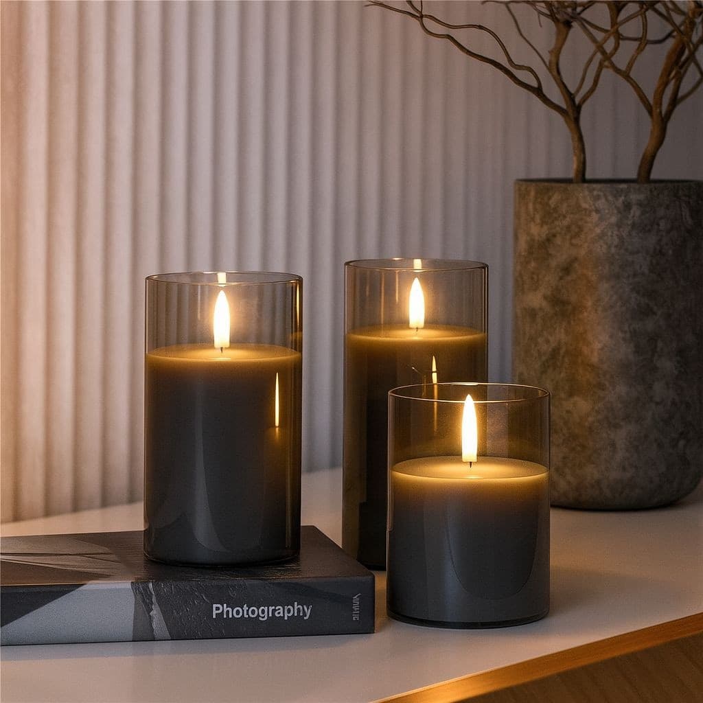 Set di 3 Candele a LED in Vera Cera in Vetro con Timer Grigio - 3