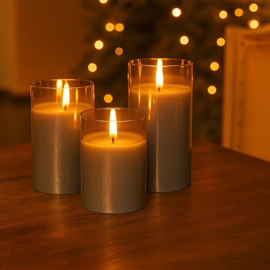Set di 3 Candele a LED in Vera Cera in Vetro con Timer Grigio - 4