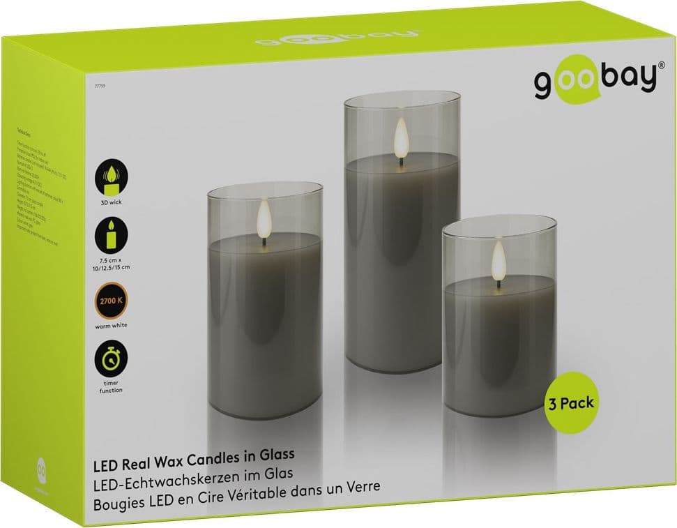 Set di 3 Candele a LED in Vera Cera in Vetro con Timer Grigio - 9