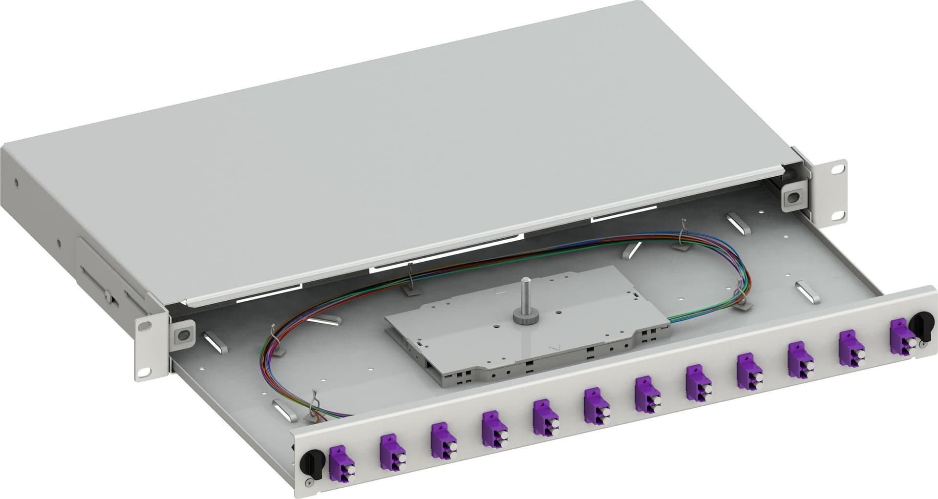 Cassetto Ottico 19'' Scorrevole con 12 Bussole e 24 Pigtails LC Duplex Multimodale OM4 Grigio - 3
