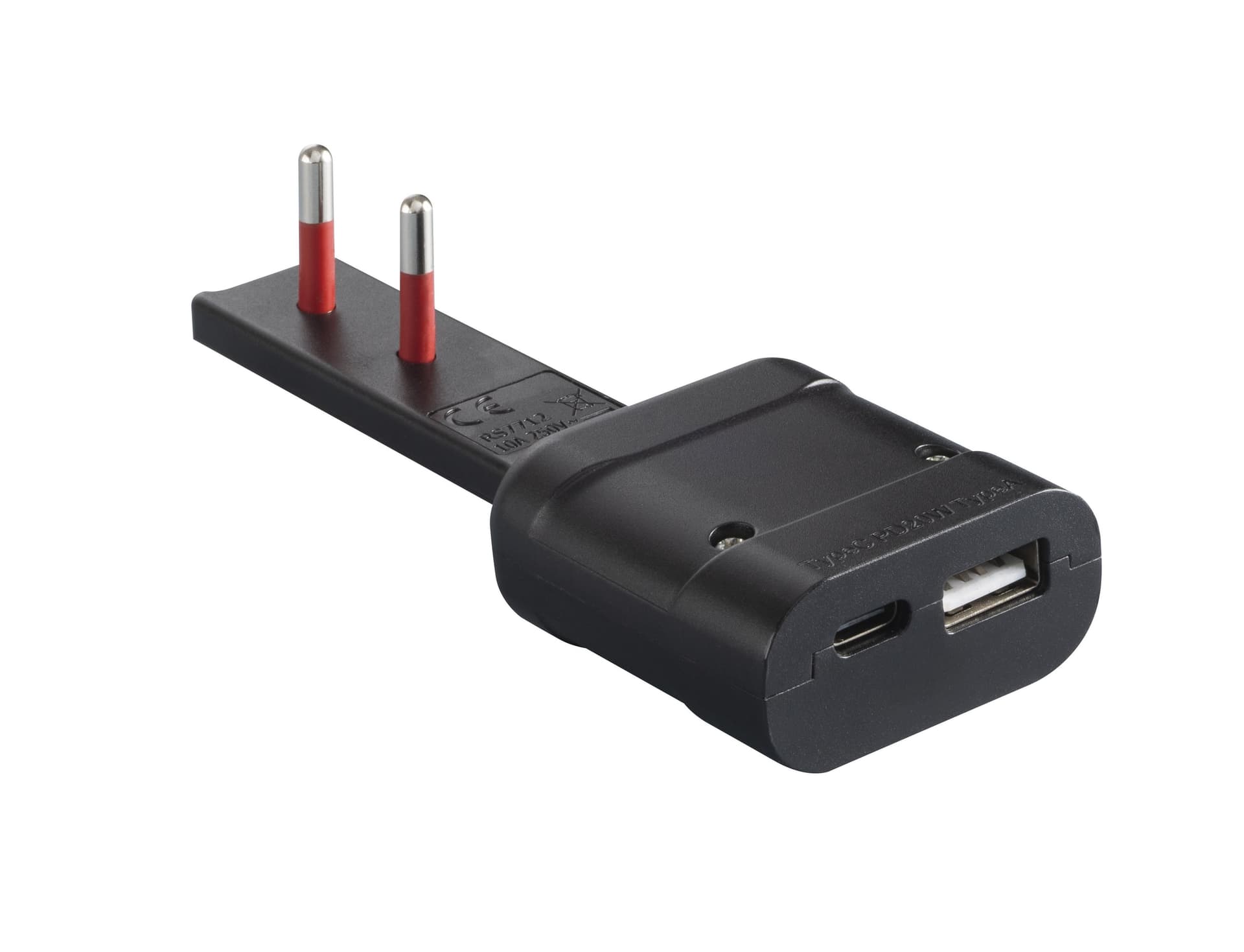 Spina Italiana Ultrapiatta USB tipo A e USB-C&trade 2P+T250V 10A 20W, Nero
