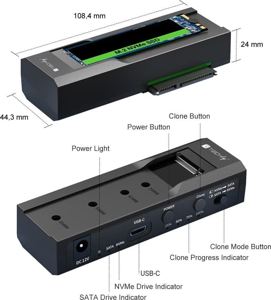 Adattatore/Duplicatore per HDD/SSD SATA da 2,5”/3,5” e SSD NVME M.2 - 3