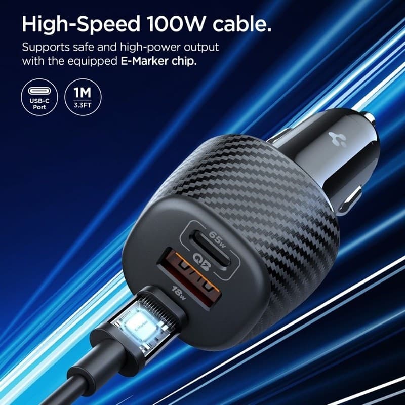 Spigen Essential EV1133 – Caricabatterie da auto 2x USB-C PD e USB-A QC3.0 113W + 100W, cavo USB-C, 1 m (nero) - 11