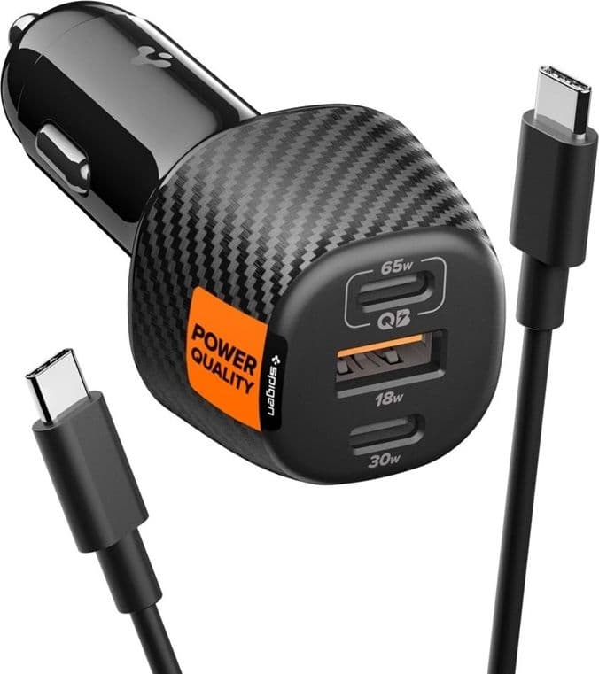 Spigen Essential EV1133 – Caricabatterie da auto 2x USB-C PD e USB-A QC3.0 113W + 100W, cavo USB-C, 1 m (nero) - 8