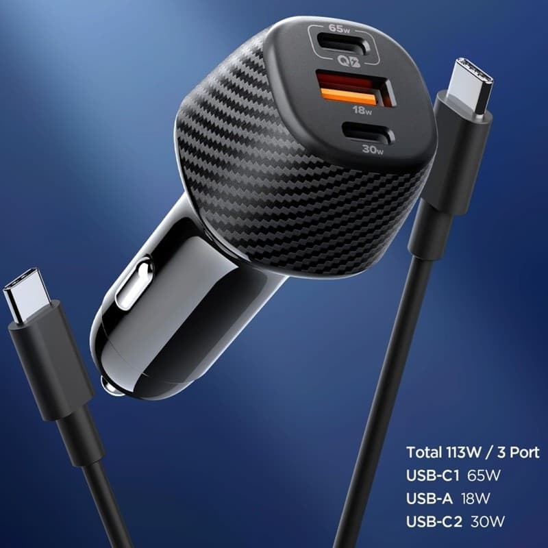 Spigen Essential EV1133 – Caricabatterie da auto 2x USB-C PD e USB-A QC3.0 113W + 100W, cavo USB-C, 1 m (nero) - 9