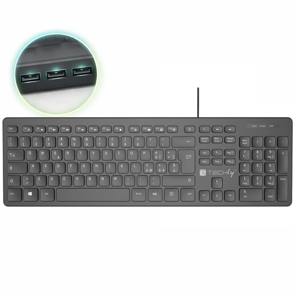 Tastiera USB Standard 109 Tasti Layout Italiano e Hub 3 Porte USB Nero - 5