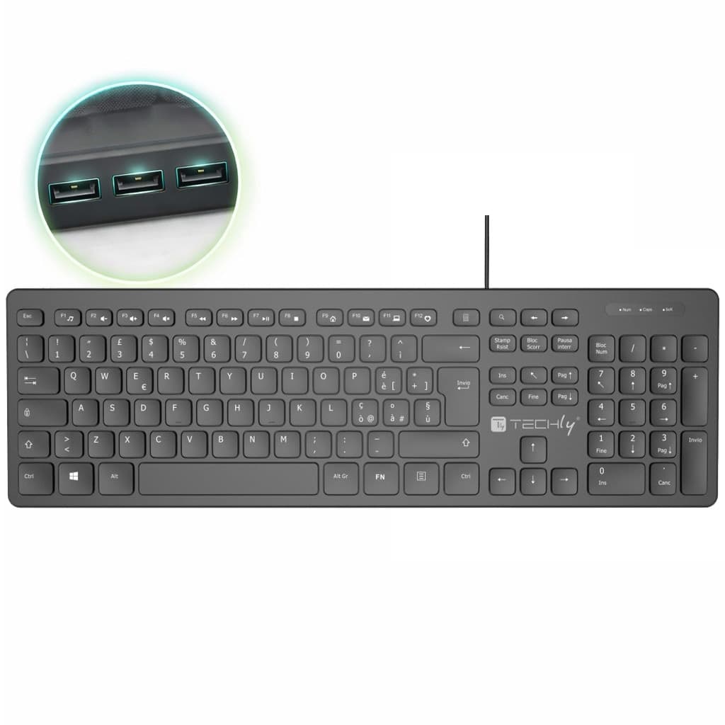 Tastiera USB Standard 109 Tasti Layout Italiano e Hub 3 Porte USB Nero - 10