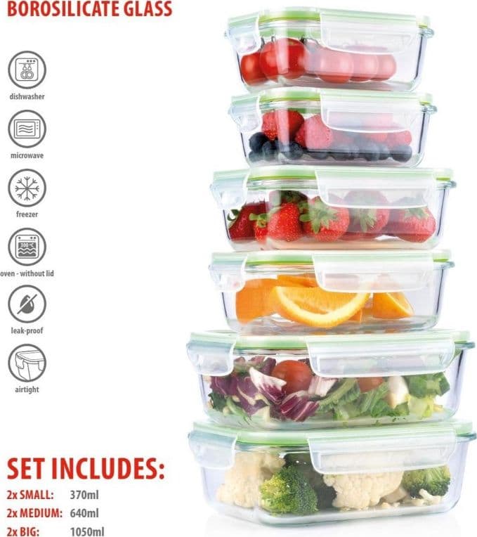 Alpina - Set di 6 contenitori per alimenti in vetro con coperchio lunchbox 370 ml / 640 ml / 1050 ml - 7