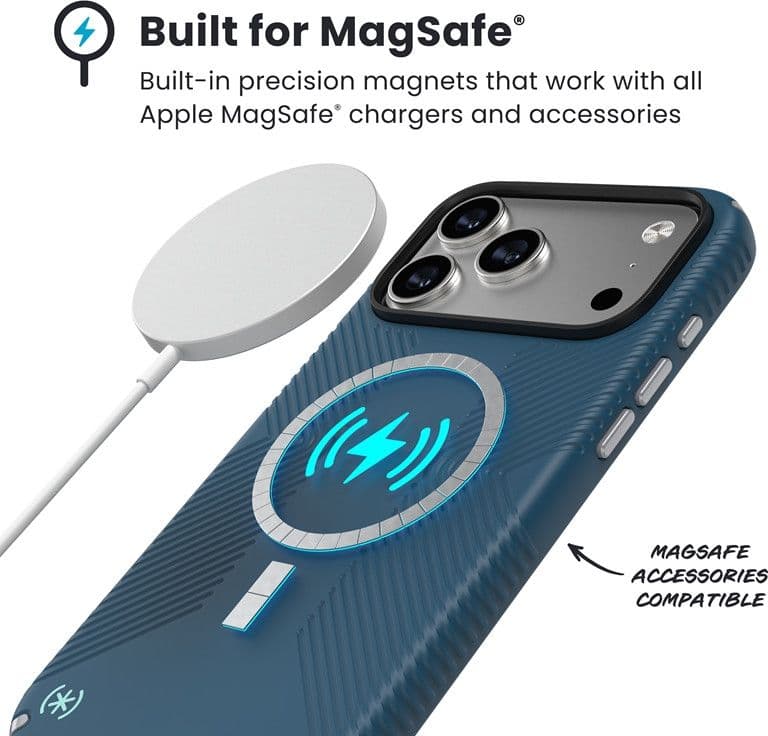 Speck Presidio2 Grip MagSafe - Custodia per iPhone 17 Pro Max (Deep Sea/Argento metallizzato) - 5