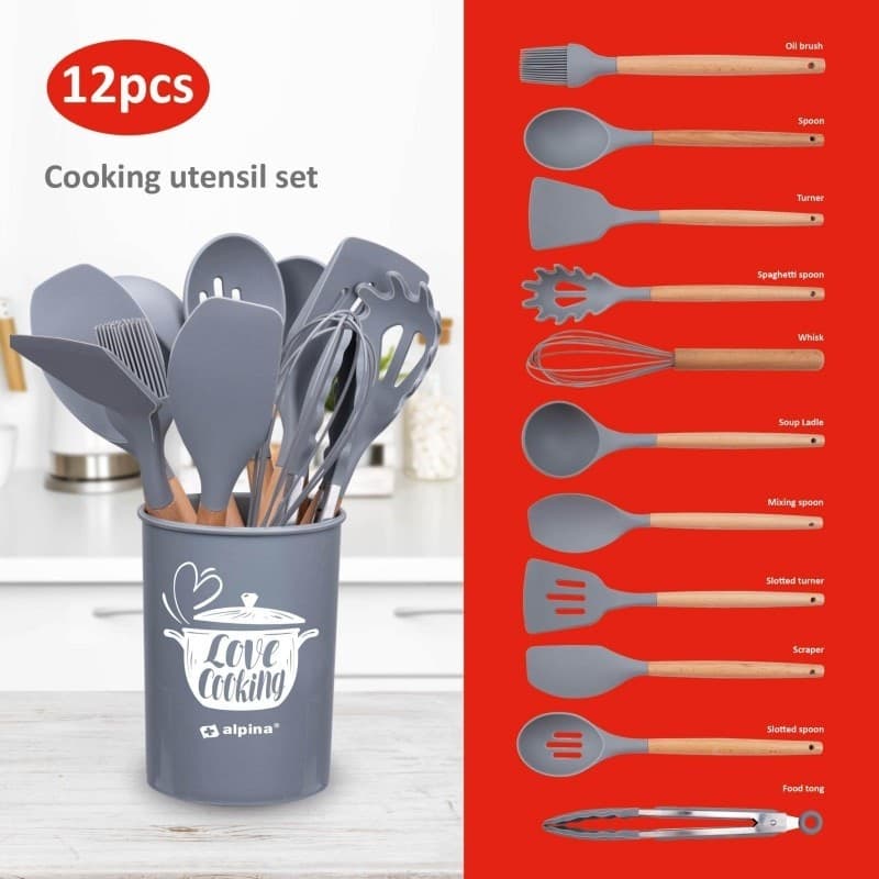 Alpina - Set di utensili da cucina in silicone con supporto, 12 pezzi - 16