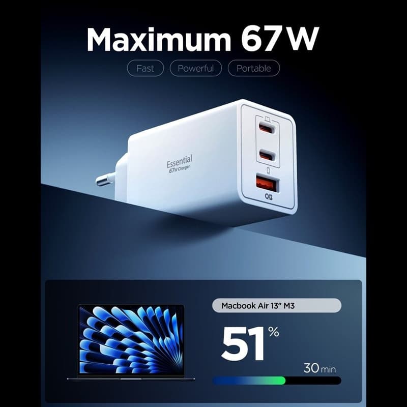 Spigen Essential EE673EU GaN Pro - Caricabatterie da muro 2x USB-C + USB-A 67W (bianco) - 2