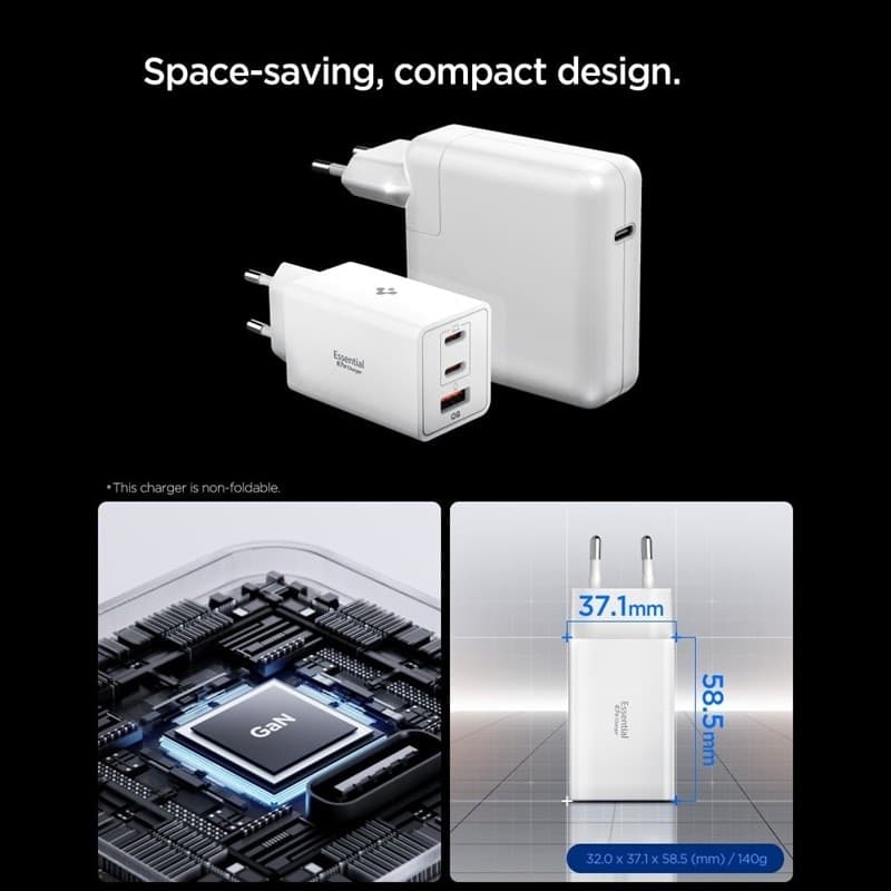 Spigen Essential EE673EU GaN Pro - Caricabatterie da muro 2x USB-C + USB-A 67W (bianco) - 11