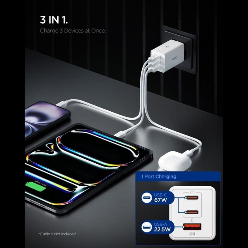 Spigen Essential EE673EU GaN Pro - Caricabatterie da muro 2x USB-C + USB-A 67W (bianco) - 3