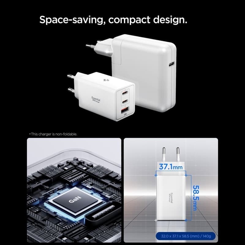 Spigen Essential EE673EU GaN Pro - Caricabatterie da muro 2x USB-C + USB-A 67W (bianco) - 4