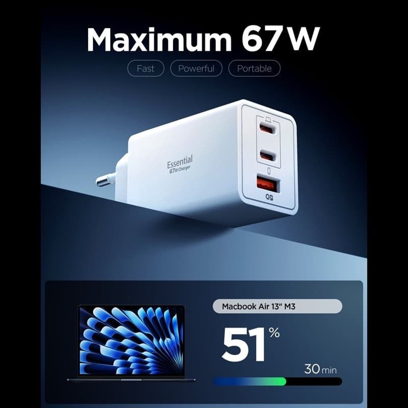 Spigen Essential EE673EU GaN Pro - Caricabatterie da muro 2x USB-C + USB-A 67W (bianco) - 9
