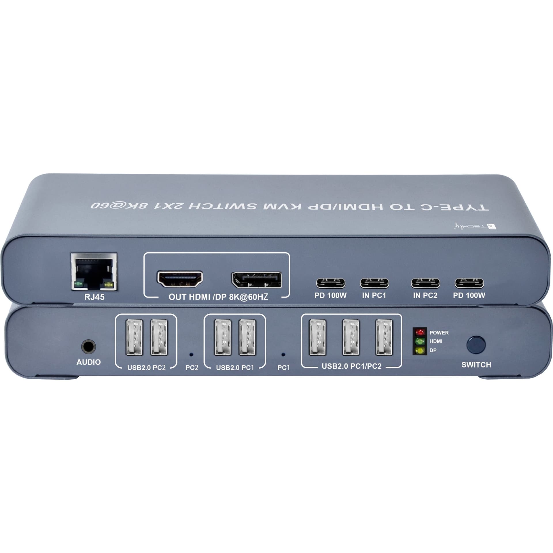 KVM Switch 2x1 USB2.0 Tipo C&trade a HDMI/DP 8K@60Hz PD100W Nero