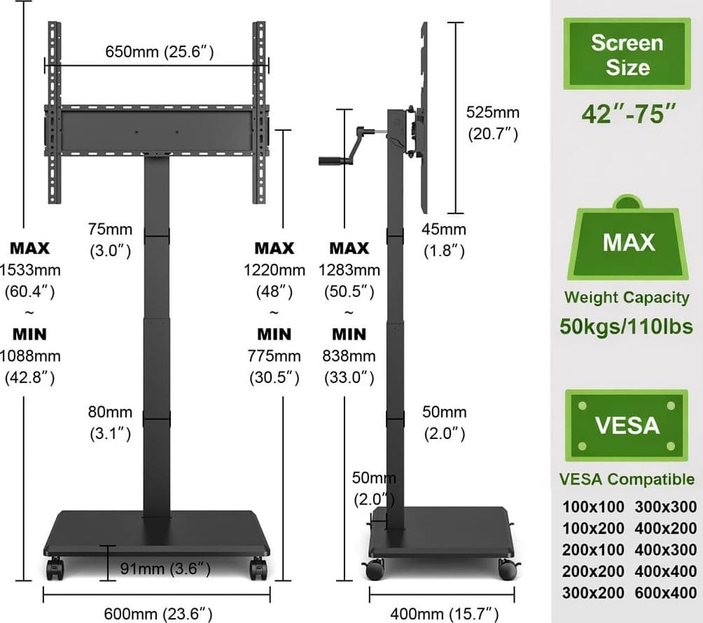 Supporto da Pavimento per TV da 42'' a 75'' con Regolazione Orizzontale o Verticale Nero - 2