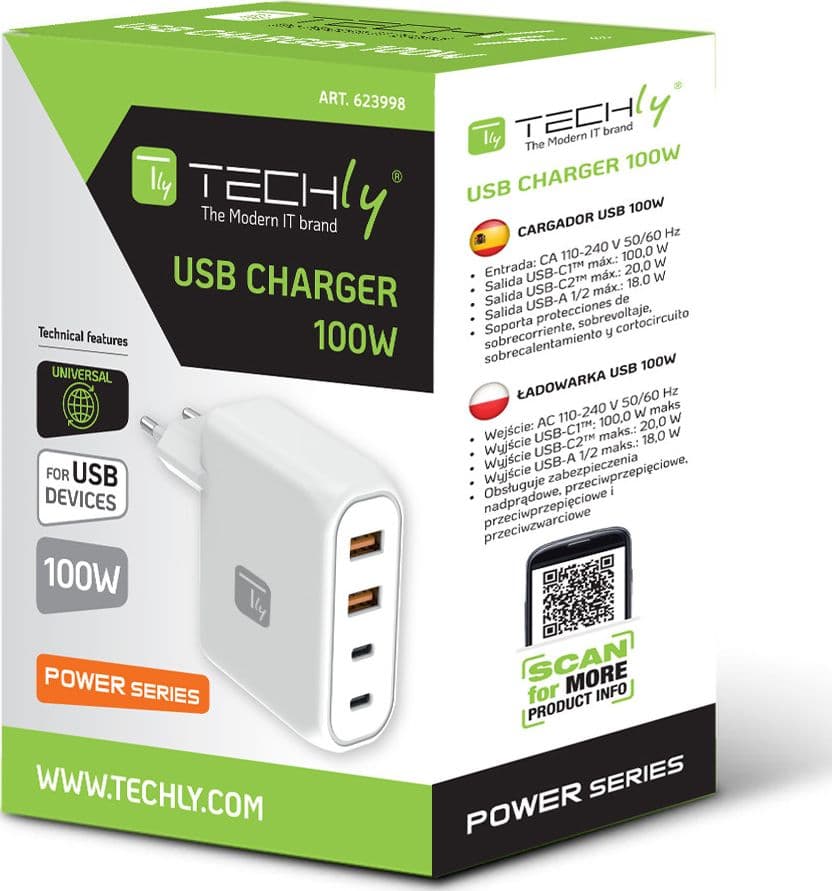 Caricatore Alimentatore 2 Porte USB-C&trade e 2 Porte USB-A da Muro 100W per Smartphone o Tablet - 5