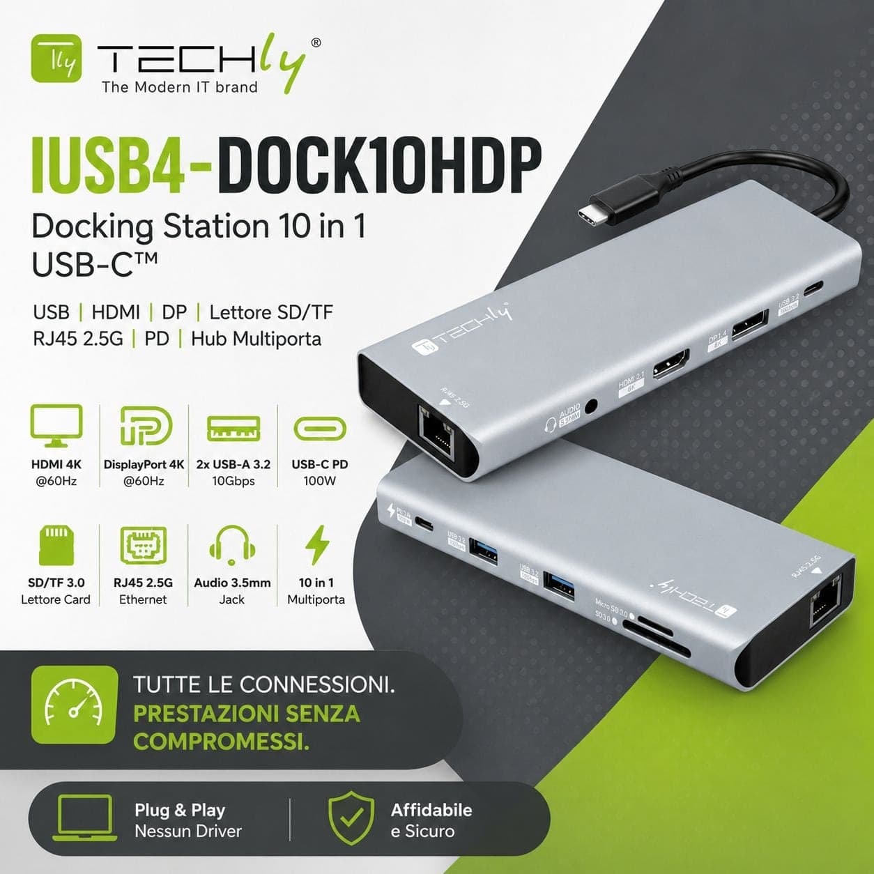 Docking Station 10 in 1 USB-C&trade USB HDMI DP Lettore SD/TF RJ45 2.5G/PD Hub Multiporta - 12